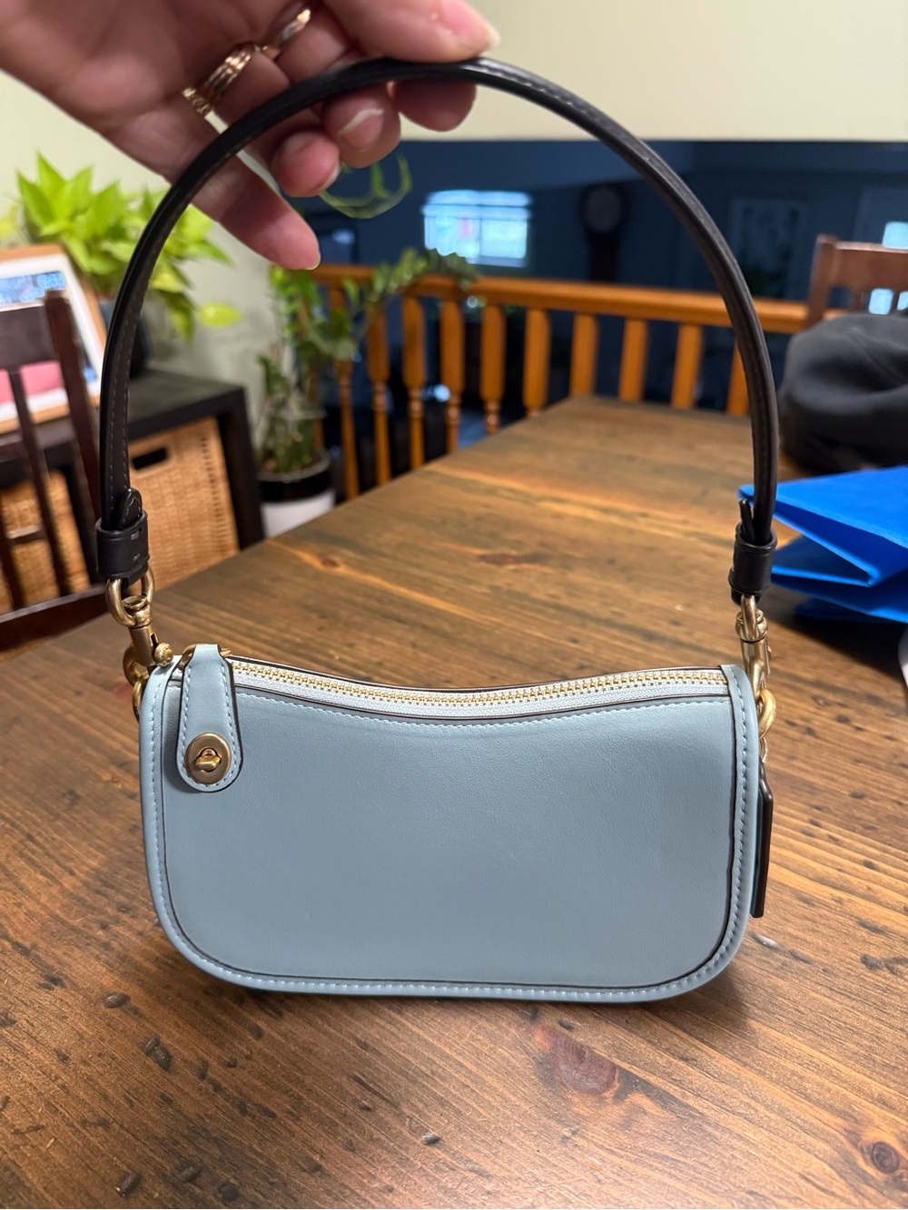 BNWOT Light Blue Leather Shoulder Bag with Black Strap RETIRED STYLE AND COLOUR